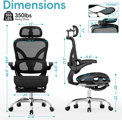 Vista 2 de Alllion Silla de oficina ergonómica de malla, silla de escritorio para el hogar cómoda con respaldo alto, soporte lumbar ajustable, reposacabezas