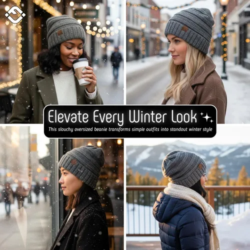 Vista 209 de Funky Junque Gorro de moda de punto trenzado de talla extragrande, grueso, abrigado, suave y holgado