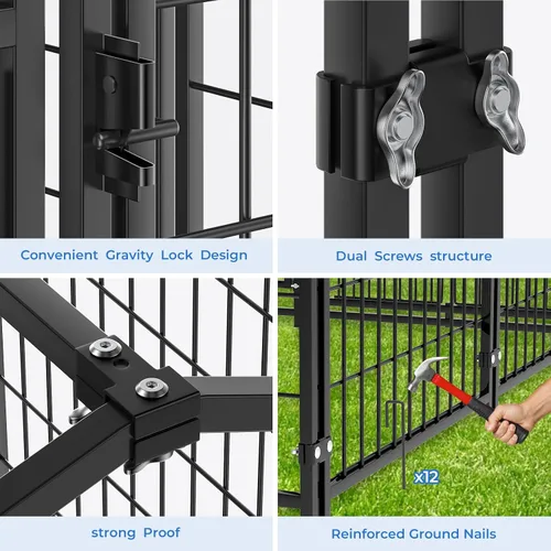Vista 8 de Perrera para exterior de 4 x 4.2 x 4.5 pies, corral resistente de metal para perros con puerta giratoria y 2 tazones ajustables, perrera