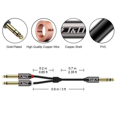 Vista 2 de J&D 1/4 pulgada TRS divisor en Y estéreo insertar cable, carcasa de cobre chapado en oro 6,35 mm TRS macho a doble 6,35 mm TS macho mono cable