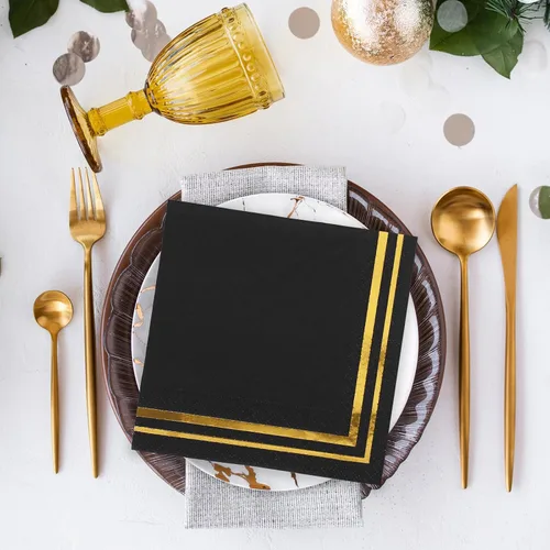 Vista 4 de Whaline 100 servilletas de cóctel doradas y negras, servilletas de papel de papel de aluminio dorado grueso desechable para postre para cumpleaños
