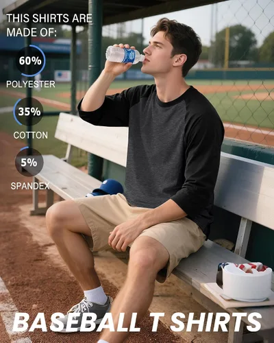 Vista 2 de Huukeay - Paquete de 3 camisas para hombre de 3/4 de manga, cuello redondo, camisetas de béisbol, camisetas atléticas que absorben la humedad