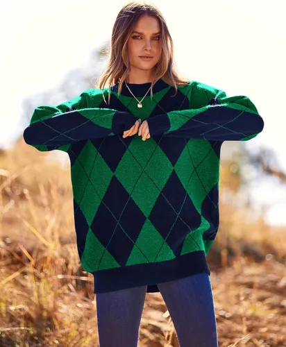 Vista 6 de BTFBM Suéter de punto de manga larga con rombos para mujer, cuello redondo, casual, manga larga, suéter de punto para otoño e invierno