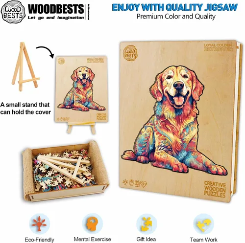 Vista 3 de WOODBESTS Rompecabezas de madera para adultos – Loyal Golden Retriever, rompecabezas de madera de perro, rompecabezas únicos de madera de animales