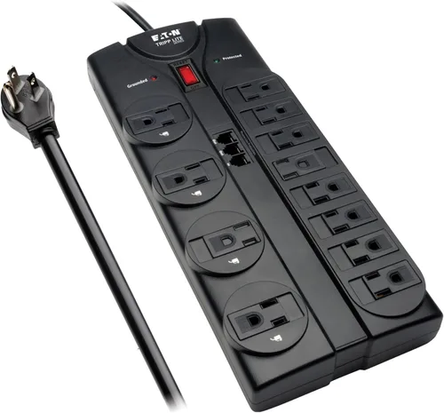 Vista 12 de Eaton Tripp Lite TLP128TTUSBB Protector de sobretensiones con puertos de carga USB, 2 puertos USB, 12 tomas de corriente, enchufe plano, cable