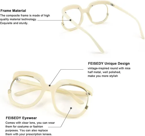 Vista 5 de FEISEDY Gafas ovaladas retro de gran tamaño sin receta marco elegante para mujeres B4090