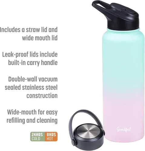 Vista 2 de Goodful Botella de agua de doble pared sellada al vacío, aislada con dos tapas intercambiables, tapas para beber o tragar, a prueba de fugas, boca
