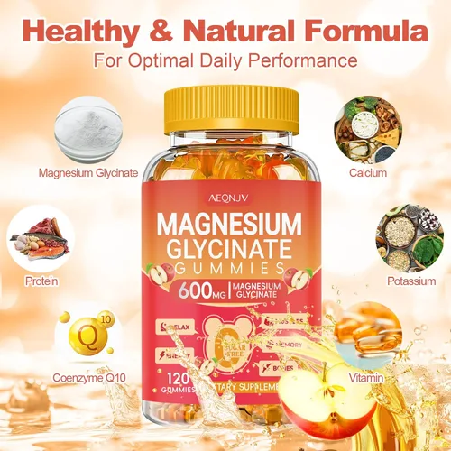 Vista 5 de Gomitas de glicinato de magnesio de 600 mg de alta absorción, glicinato de magnesio para mujeres y hombres con vitamina D, B6 y CoQ10 para adultos