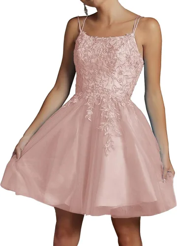 Vista 5 de Modesto encaje con cuentas de tul vestidos de regreso a casa corto cuello cuadrado vestido de fiesta de tirantes delgados vestido de fiesta