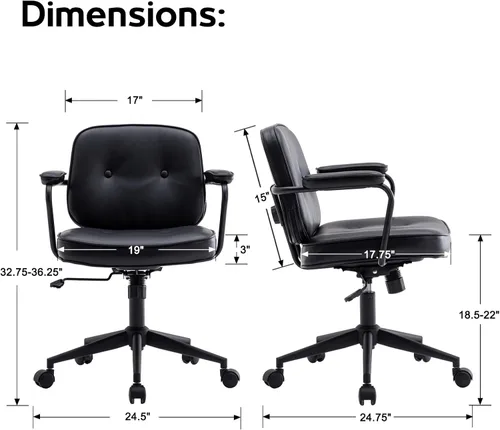 Vista 2 de LukeAlon Silla de escritorio ajustable de piel sintética, silla giratoria de 360° negra con reposabrazos, asiento grueso, botones y ruedas