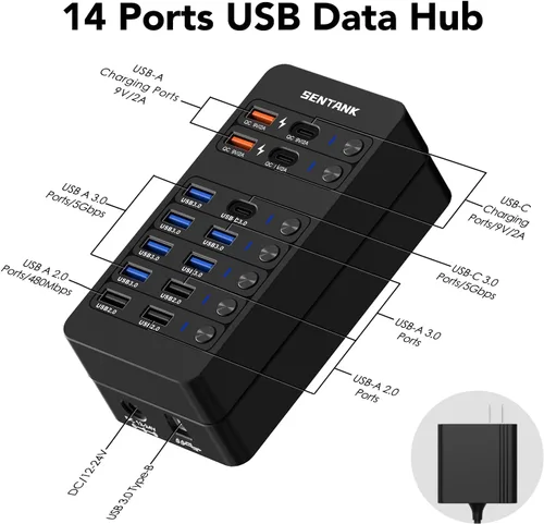Vista 2 de Hub USB alimentado, divisor de concentrador de datos USB de 14 puertos con 6 puertos USB 3.0, 4 puertos de carga, 1 puerto de datos USB-C 3.0, 1