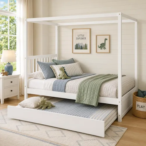 Vista 3 de NAFORT Cama con dosel de tamaño matrimonial con nido, marco de madera maciza para niños y adolescentes, soporte resistente de 600 libras, cama