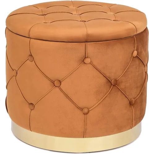 Vista 8 de Adeco Otomana redonda de almacenamiento, banco tapizado con botones de terciopelo con tapa extraíble, mesa auxiliar, reposapiés, asiento para sala