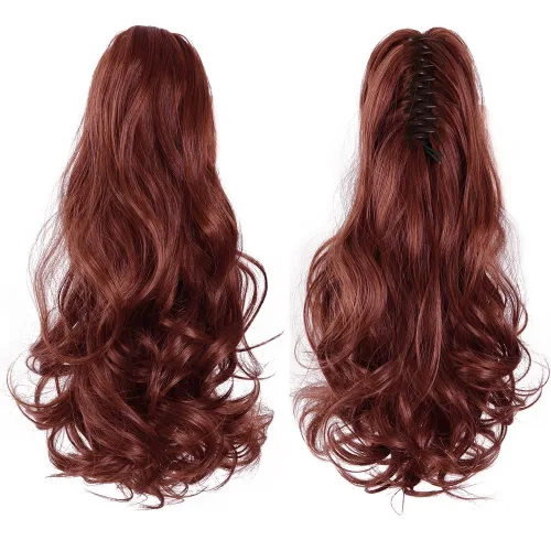 Vista 3 de Extensiones de cabello castaño rojizo, extensiones de cola de caballo con clip de garra de 16 pulgadas para mujer, cabello rizado, peluca de cola