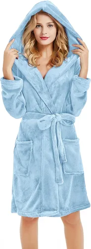 Vista 20 de U2SKIIN Bata de Forro Polar con Capucha para Mujer, Batas de Felpa de Pelo Corto para Mujeres con Capucha Suave y Cálida Bata de Baño para Spa