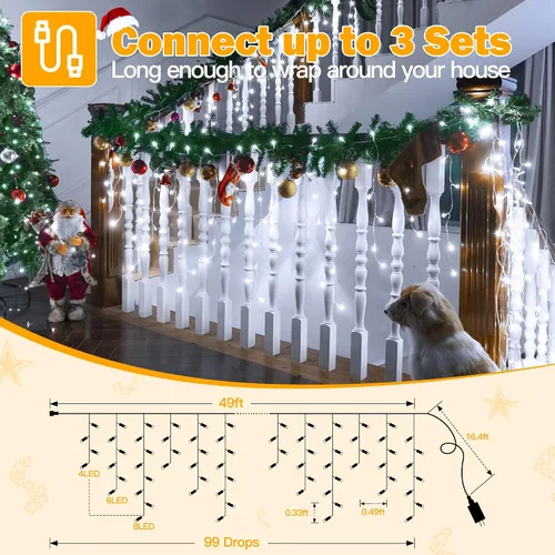 Vista 3 de Ollny Luces de Carámbano para Exteriores Blanco Frío, 600LED 49FT Luces de Navidad con Control Remoto 8 Modos Regulables, Impermeable Conectable