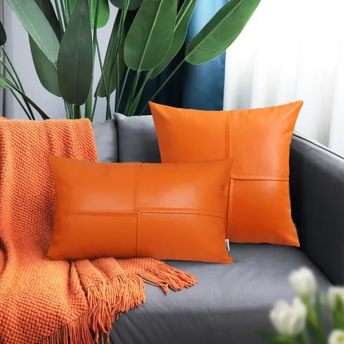 Vista 3 de BRAWARM Fundas de Almohada Decorativas de Cuero Sintético 12 X 20 Pulgadas, Fundas de Almohada Lumbar de Cuero Naranja Paquete de 2, Almohadas