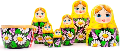 Vista 8 de AEVVV Juego de 7 muñecas rusas de Matryoshka - Muñecas rusas en vestido de Sarafan con manzanilla pintada a mano y flores lilas - Русские Матрески
