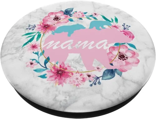 Vista 2 de Mama Bear Pop Socket 2 Cubs Marble Flowers Regalos para el Día de la Madre - PopSockets Grip and Stand for Phones and Tablets