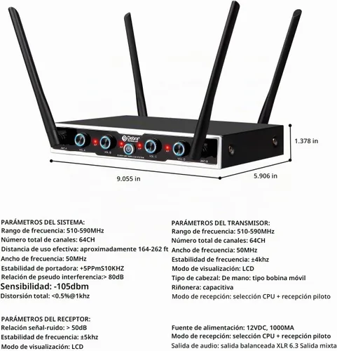 Vista 9 de D Debra Sistema de Micrófono Inalámbrico de Audio Pro DU4004 UHF 4 x 16 Canales Ajustables Micrófono Inalámbrico de Mano Lavalier Auricular, Ideal