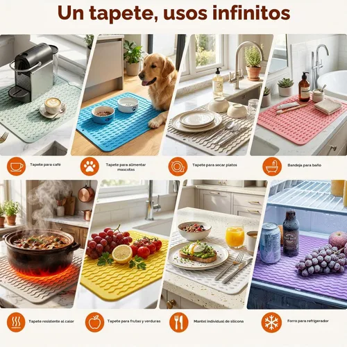 Vista 6 de CAKETIME Paquete de 2 tapetes de secado de platos de silicona multicolor para encimera de cocina, comedor, manteles individuales resistentes al