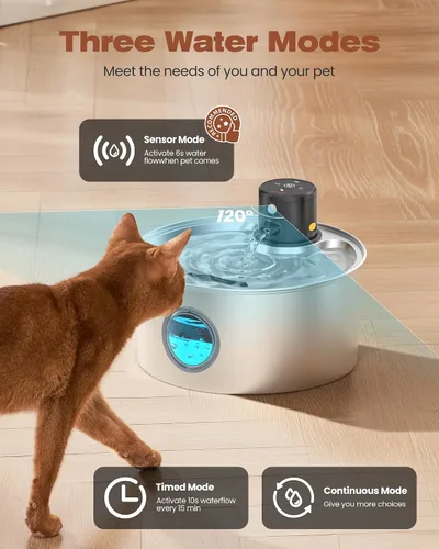 Vista 3 de Fuente de agua para gatos alimentada por baterías: fuente inalámbrica para gatos - Fuente de agua recargable para mascotas de acero inoxidable
