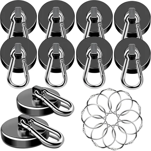 Vista 17 de MIKEDE Paquete de 6 ganchos magnéticos fuertes, ganchos magnéticos de neodimio de 70 libras de fuerza de tracción con mosquetón giratorio para Negro