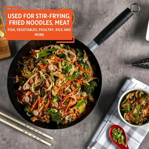 Vista 5 de IMUSA Wok antiadherente de acero al carbono de 9.5 pulgadas con mango de tacto frío, color negro Mango de tacto fresco, ideal para salteados