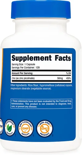 Vista 5 de Nutricost Picolinato de Zinc 50mg, 120 Cápsulas Vegetarianas, Sin Gluten Sin OGM