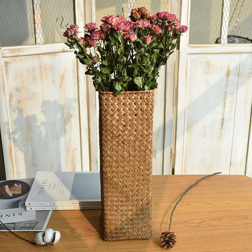 Vista 2 de Jarrones de flores de ratán, 2 jarrones de flores secas, jarrones decorativos tejidos de paja alta, cesta de flores de mimbre hecha a mano