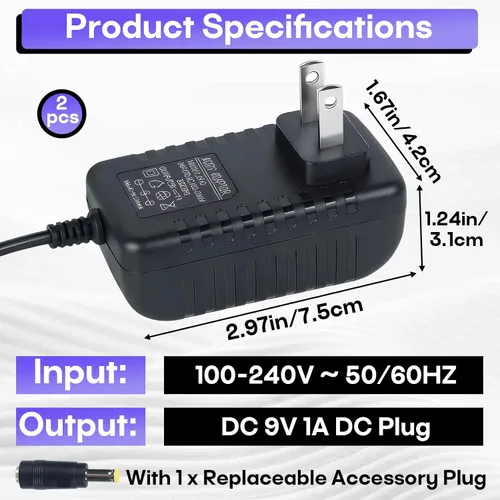 Vista 2 de Paquete de 2 adaptadores de corriente de cargador de 9V 1A AC/DC para teclados electrónicos de 9V, enchufe de CC positivo central de 0.217x0.083 in