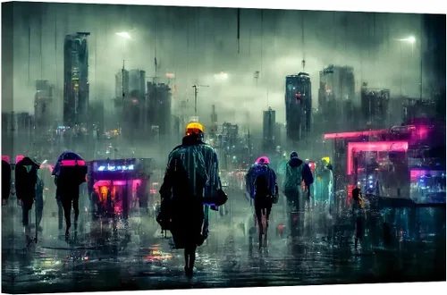 Vista 24 de LSIUHWUWI Future City Concept - Cuadro decorativo moderno para pared, impresión sobre lienzo Cyberpunk City Neon Streetview por la noche
