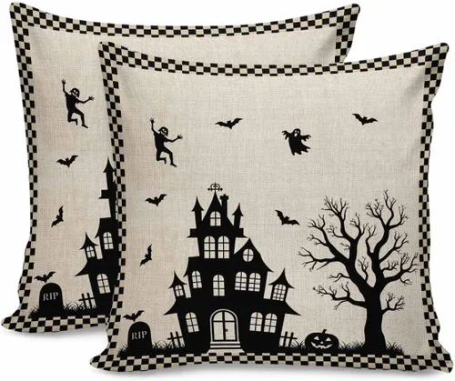Vista 12 de Juego de 2 fundas de almohada de Halloween de 20 x 12 pulgadas, diseño de castillo embrujado, fantasma, fundas de cojín decorativas, fundas