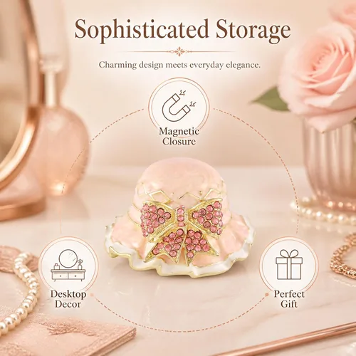 Vista 4 de QIFU Pink Hat Shaped Trinket Box with Rhinestone Bow, Zinc Alloy