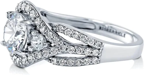 Vista 3 de BERRICLE Sterling Silver 3-Stone CZ Wedding Engagement Rings for Women, Stackable Cubic Zirconia Ring - Clear, Sapphire Blue Colors, 1-3 Piece Set