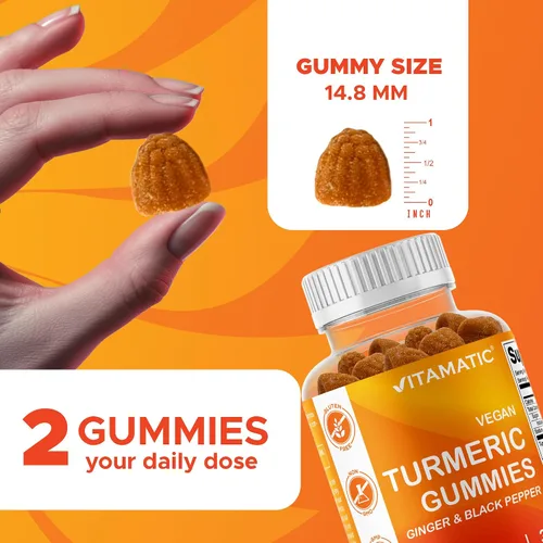 Vista 3 de Vitamatic Gomitas de cúrcuma con extracto de jengibre y pimienta negra – 60 gomitas veganas 95% curcuminoides – Potente apoyo antioxidante e