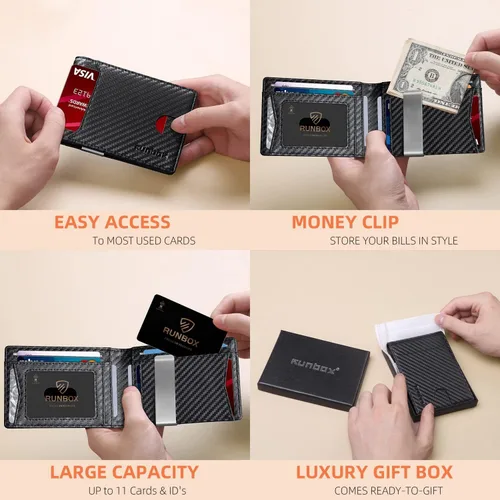 Vista 182 de RUNBOX - Carteras delgadas para hombre, cartera de piel con pinza para el dinero, cartera de bolsillo frontal con bloqueo RFID, tarjetero