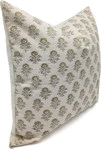 Vista 2 de Funda de cojín decorativa de algodón grueso hecho a mano con estampado floral boho, 14x14 pulgadas, con cremallera invisible, perfecta