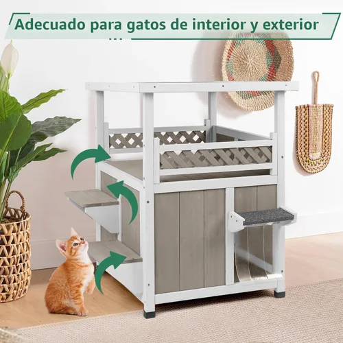 Vista 2 de PetsCosset Casa para gatos al aire libre resistente a la intemperie, refugio de gatos de dos pisos para exteriores, condominio interior para gatos