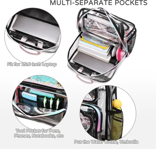 Vista 5 de KIDNUO Mochila transparente para niñas y mujeres, mochila transparente para niños, escuela primaria, universidad, mochila de viaje para laptop