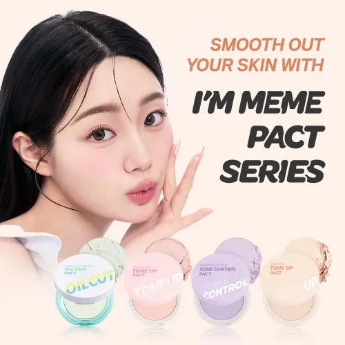 Vista 7 de I'M MEME Compact - Tone-up Pact Polvo de ajuste presionado coreano para efecto de desenfoque rosa, con calamina, polvo de maquillaje, compacto