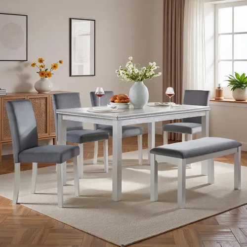 Vista 28 de Juego de mesa de comedor de 6 piezas con banco y 4 sillas Negro Beige-1