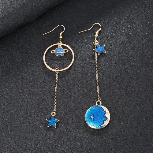 Vista 2 de SUNSCSC Aretes largos con forma de estrella con luna esmaltada para mujer y niña