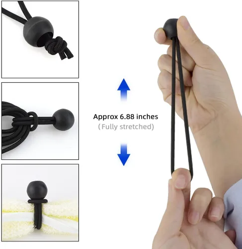 Vista 4 de Paquete de 20 cuerdas elásticas negras con bola, cuerdas elásticas de lona elástica de 4 pulgadas, correas de amarre para camping, toldo, refugio