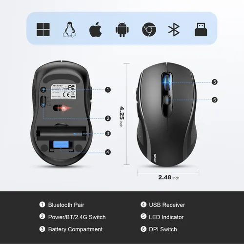 Vista 9 de TECKNET Ratón Bluetooth, 2-en-1 (BT 5.0/3.0+2.4Ghz) Ratones inalámbricos 4000DPI con conexión USB disponibles para ordenador portátil, ratón Negro