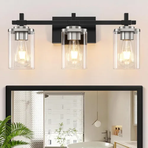Vista 20 de 2 luces de tocador de baño, accesorios de luz de tocador negro mate sobre espejo, apliques de pared modernos con pantalla de vidrio transparente