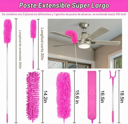 Vista 2 de Plumeros de microfibra para limpieza, plumeros con poste de extensión, plumeros flexibles y lavables para ventiladores de techo alto, persianas