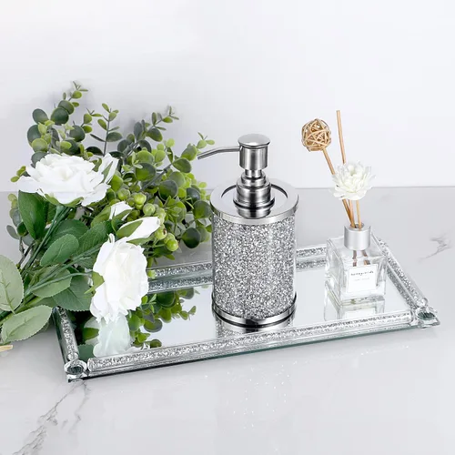 Vista 7 de JUXYES Botella dispensadora de jabón con diamantes triturados de cristal chispeante con bomba de acero inoxidable, lujoso dispensador de loción