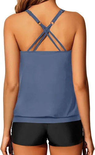 Vista 2 de Yonique Traje de baño tankini de dos piezas con tirantes delgados para mujer con pantalones cortos cruzados