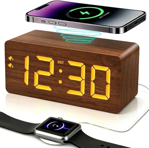 Vista 13 de URAYCO Reloj despertador digital de madera con cargador inalámbrico rápido de 10W, puertos de carga USB, DST, atenuable, modo repetición, pantalla